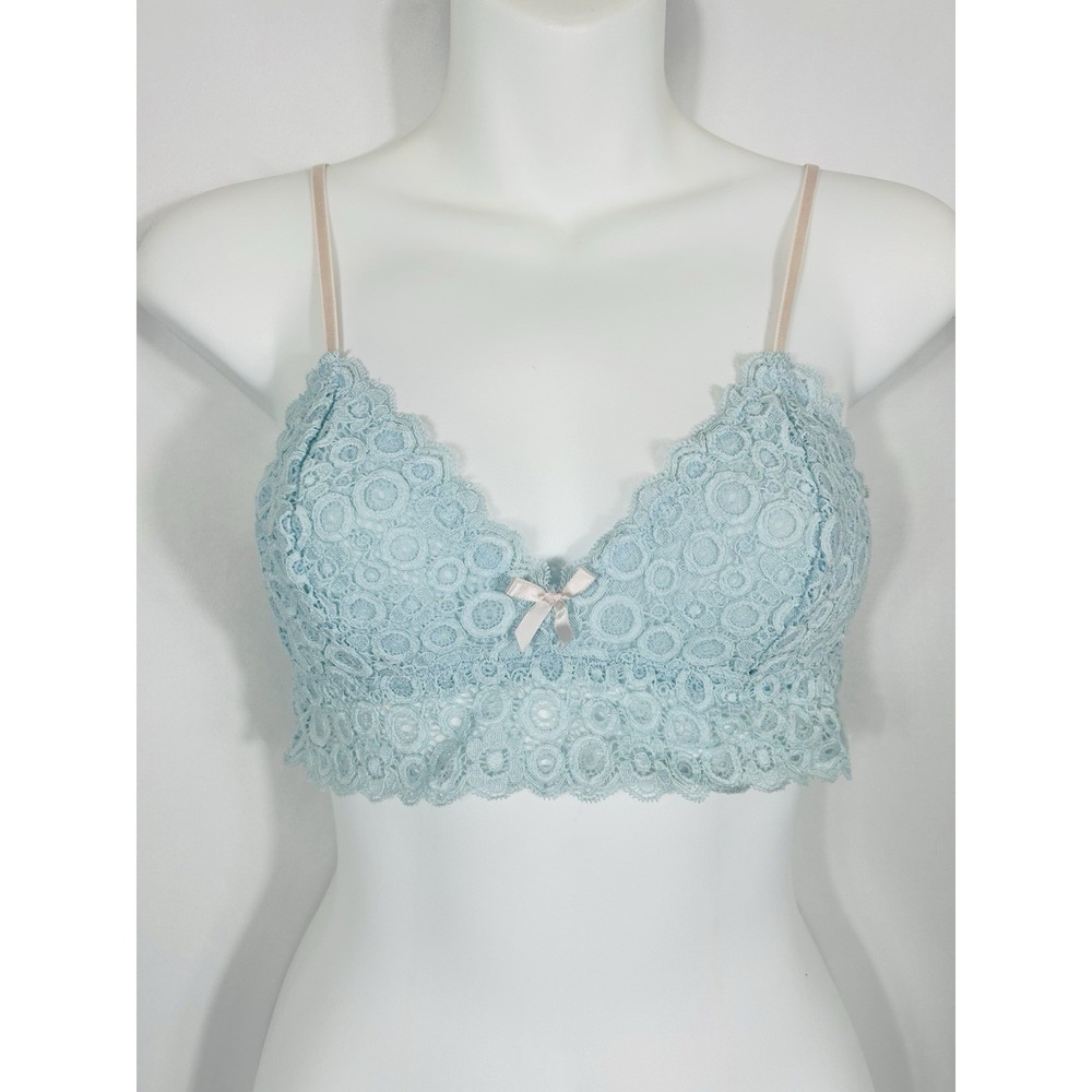 Womens Blue Lace Crop Top Bralette Size M Y2K Fairy Coquette‎ Pink Bow Whimsical